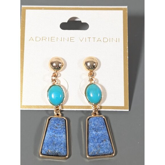 Adrienne Vittadini Earrings Blue Faux Stone Stacked Dangle Gold Tone Boho Elegan - Picture 4 of 6